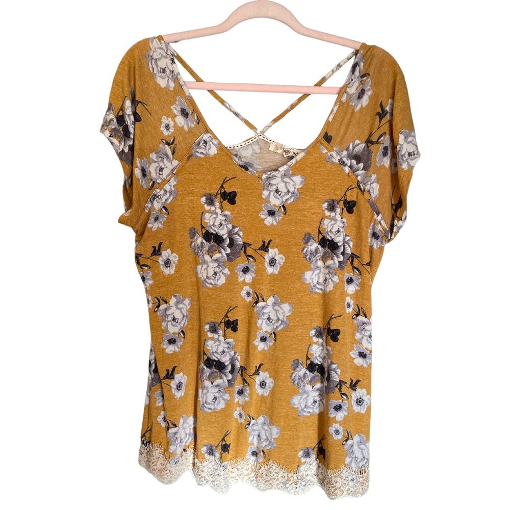 Floral Cross-Back Shirt with Lace Trim